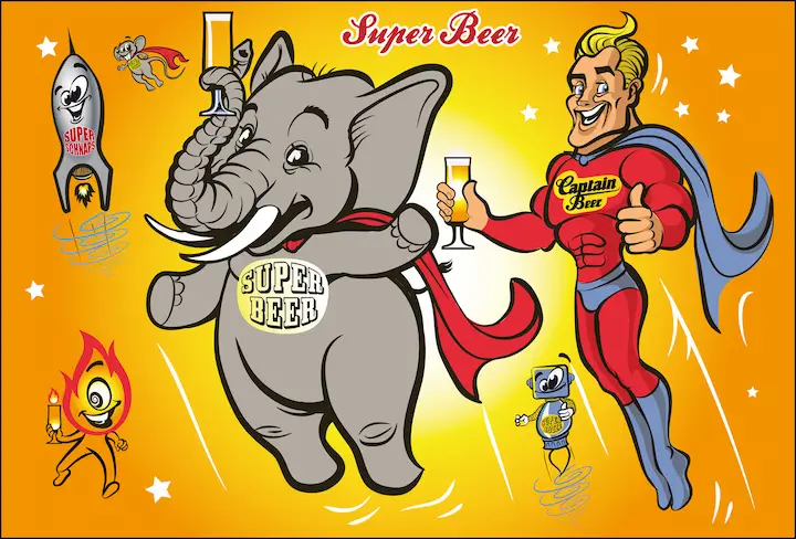 Comicstyle, Super-Elephant, Superhero-Comic, Superbeer, Superbooze, Ritzenhoff-Design, digitale - und analoge Illustrati