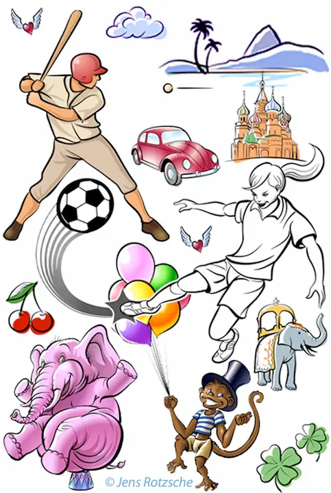 Comicstyle, Cartoonstyle, Baseball, Cartoon-Elephant, digitale - und analoge Illustration, Kinderbuch, Comic