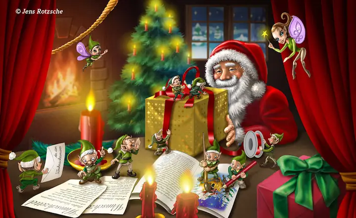 Weihnachtsmann, Weihnachtswichtel, Weihnachtsgeschenke, Santa Claus, digitale - und analoge Illustration